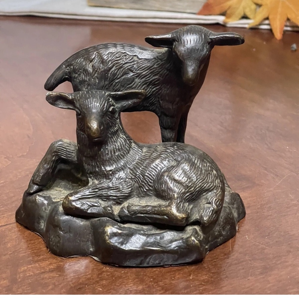 BRONZE STATUE Vintage Sculpture 2 Sheep Lambs